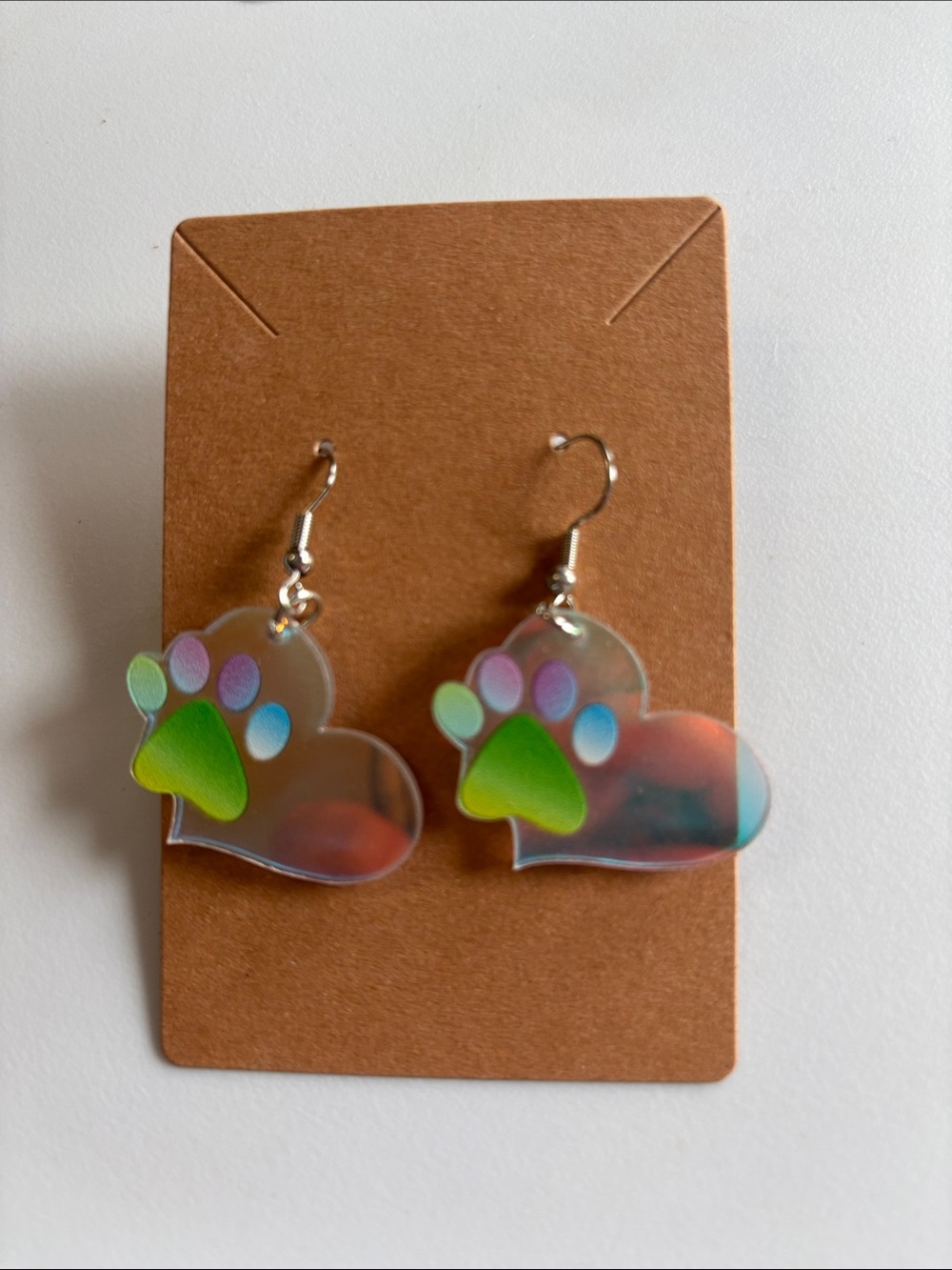 Holographic Heart Paw Dangle Earrings - Green & Iridescent